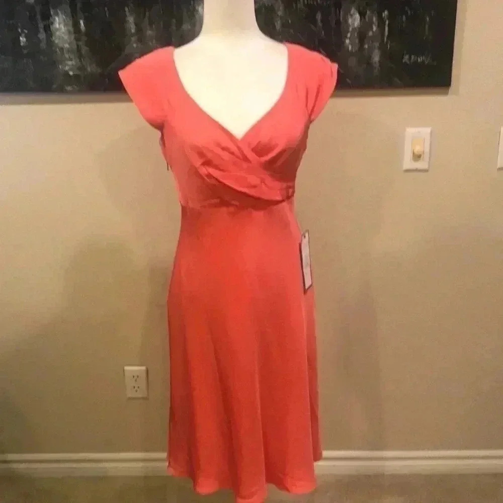 J. Crew Silk Chiffon Coral Pleated Front Cap Sleeved Midi Dress with Lining
